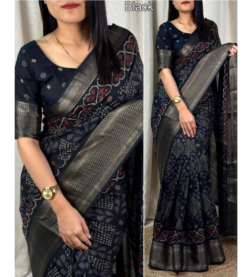 Generic Women's Dola Silk Printed Saree With Unstitched Blouse 5.5Mtr (Black)