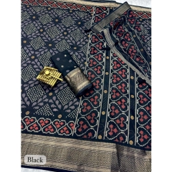 Generic Women's Dola Silk Printed Saree With Unstitched Blouse 5.5Mtr (Black)