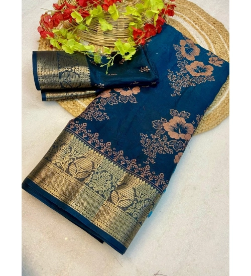 Generic Women's Jacquard Printed Saree With Unstitched Blouse 5.5Mtr (Blue)