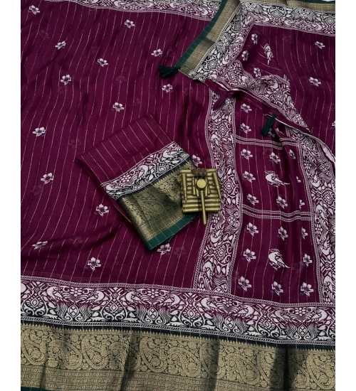 Generic Women's Cotton Silk Printed Saree With Unstitched Blouse 5.5Mtr (Wine)