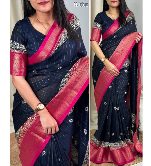 Generic Women's Cotton Silk Printed Saree With Unstitched Blouse 5.5Mtr (Navy Blue)