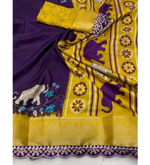 Generic Women's Dola Silk Printed Saree With Unstitched Blouse 5.5Mtr (Purple)