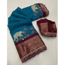 Generic Women's Dola Silk Printed Saree With Unstitched Blouse 5.5Mtr (Blue)