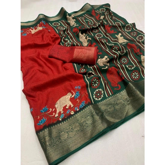 Generic Women's Dola Silk Printed Saree With Unstitched Blouse 5.5Mtr (Red) Generic Women's Dola Silk Printed Saree With Unstitched Blouse 5.5Mtr (Red)