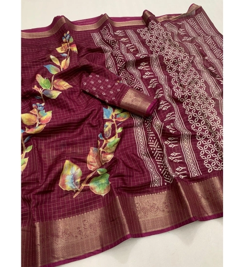 Generic Women's Dola Silk Printed Saree With Unstitched Blouse 5.5Mtr (Wine)