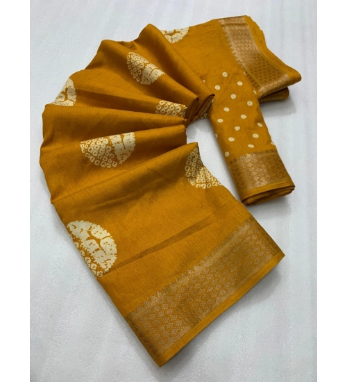 Generic Women's Cotton Crape Printed Saree With Unstitched Blouse 5.5Mtr (Yellow)