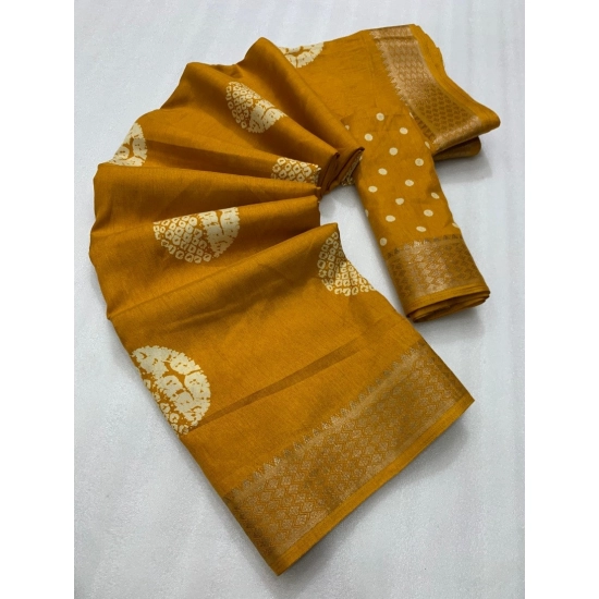 Generic Women's Cotton Crape Printed Saree With Unstitched Blouse 5.5Mtr (Yellow)
