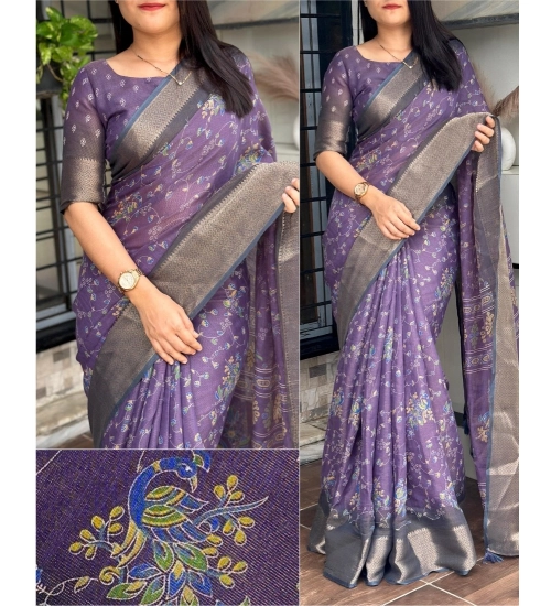 Generic Women's Cotton Zari Printed Saree With Unstitched Blouse 5.5Mtr (Purple)
