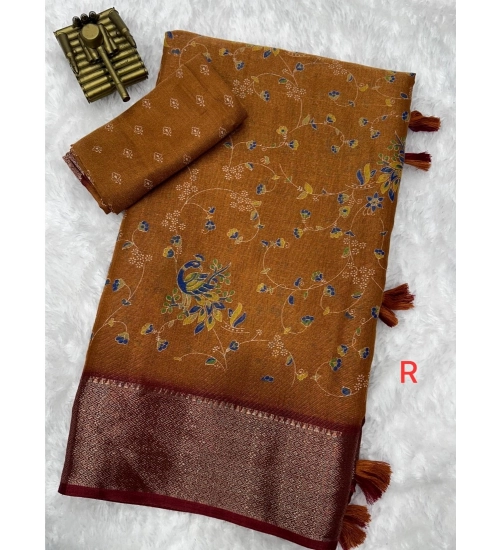 Generic Women's Cotton Zari Printed Saree With Unstitched Blouse 5.5Mtr (Mustard)