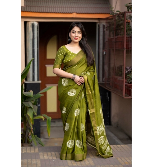 Generic Women's Cotton Crape Printed Saree With Unstitched Blouse 5.5Mtr (Green)