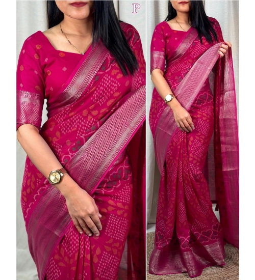 Generic Women's Dola Silk Printed Saree With Unstitched Blouse 5.5Mtr (Pink)