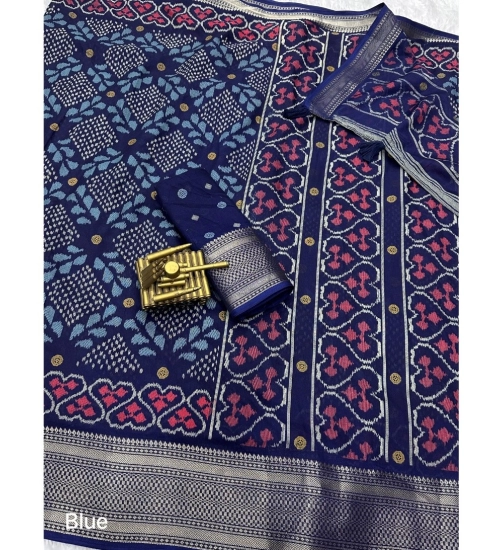 Generic Women's Dola Silk Printed Saree With Unstitched Blouse 5.5Mtr (Blue)