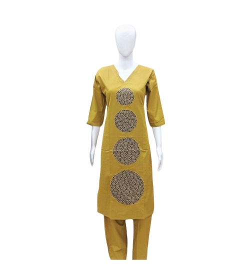 Generic Women's Cotton Blended Printed 3/4th Sleeve V Neck Kurti With Pant Set (Mustard)