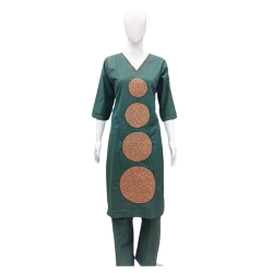 Generic Women's Cotton Blended Printed 3/4th Sleeve V Neck Kurti With Pant Set (Green)