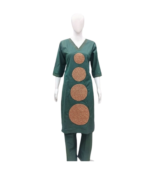 Generic Women's Cotton Blended Printed 3/4th Sleeve V Neck Kurti With Pant Set (Green)