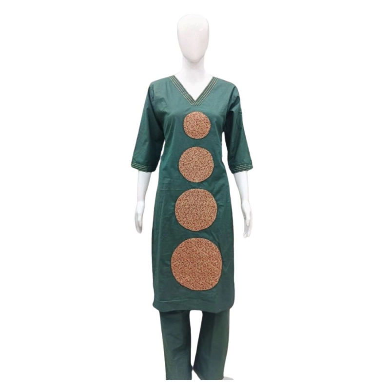Women's Cotton Blended Printed 3/4th Sleeve V Neck Kurti With Pant Set (Green) Women's Cotton Blended Printed 3/4th Sleeve V Neck Kurti With Pant Set (Green)
