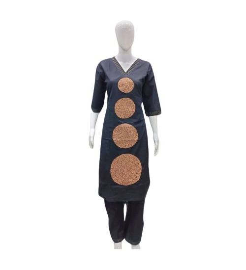Generic Women's Cotton Blended Printed 3/4th Sleeve V Neck Kurti With Pant Set (Black)