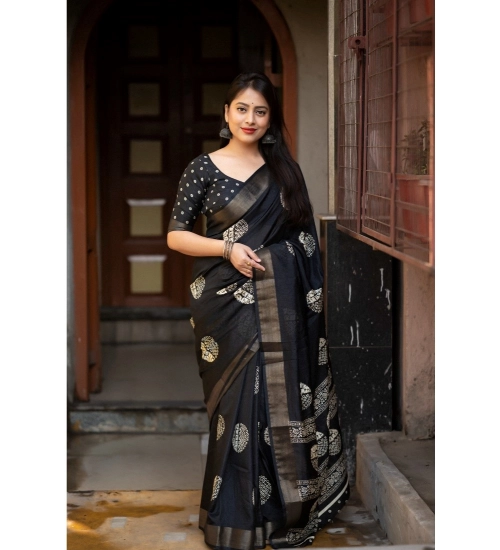 Generic Women's Cotton Crape Printed Saree With Unstitched Blouse 5.5Mtr (Black)