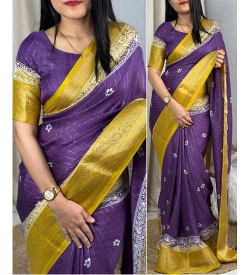 Generic Women's Cotton Silk Printed Saree With Unstitched Blouse 5.5Mtr (Purple)