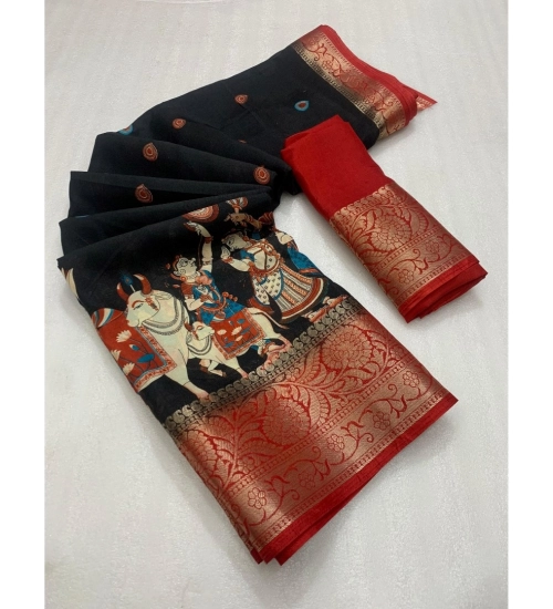 Generic Women's Dola Silk Printed Saree With Unstitched Blouse 5.5Mtr (Black)