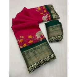 Generic Women's Dola Silk Printed Saree With Unstitched Blouse 5.5Mtr (Pink)