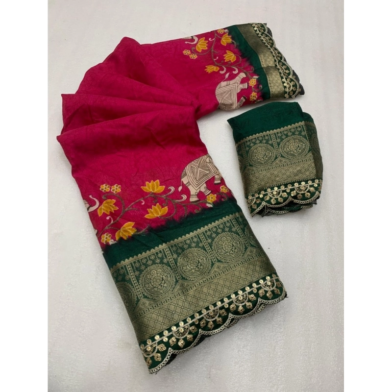 Women's Dola Silk Printed Saree With Unstitched Blouse 5.5Mtr (Pink) Women's Dola Silk Printed Saree With Unstitched Blouse 5.5Mtr (Pink)