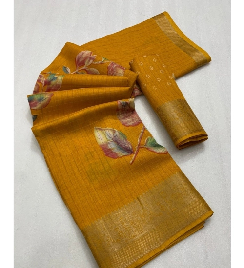 Generic Women's Dola Silk Printed Saree With Unstitched Blouse 5.5Mtr (Yellow)