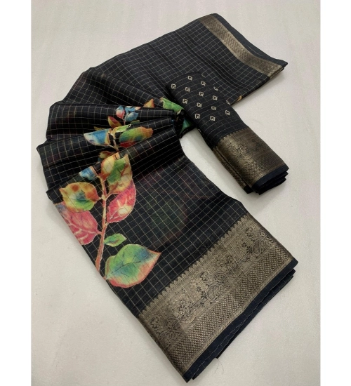 Generic Women's Dola Silk Printed Saree With Unstitched Blouse 5.5Mtr (Black)