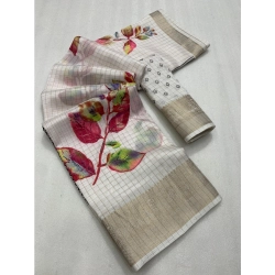 Generic Women's Dola Silk Printed Saree With Unstitched Blouse 5.5Mtr (White)