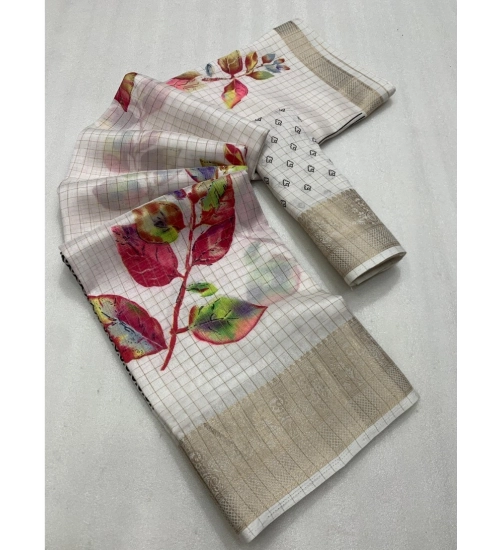 Generic Women's Dola Silk Printed Saree With Unstitched Blouse 5.5Mtr (White)