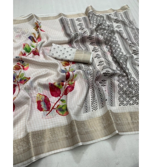 Generic Women's Dola Silk Printed Saree With Unstitched Blouse 5.5Mtr (White)