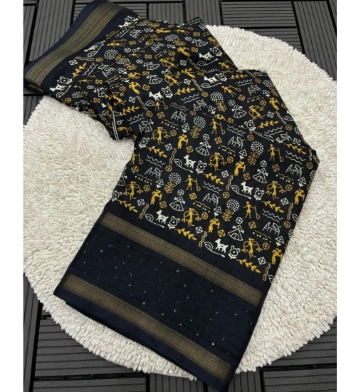 Generic Women's Dola Silk Printed Saree With Unstitched Blouse 5.5Mtr (Black)