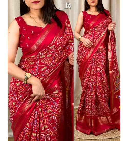 Generic Women's Denting Cotton Printed Saree With Unstitched Blouse 5.5Mtr (Red)
