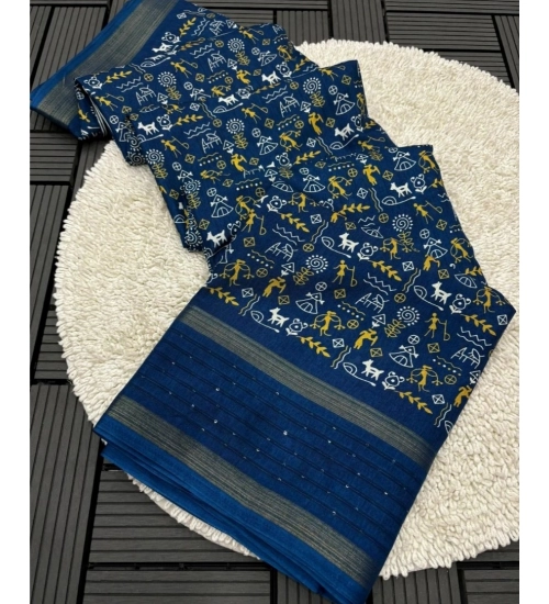 Generic Women's Dola Silk Printed Saree With Unstitched Blouse 5.5Mtr (Blue)