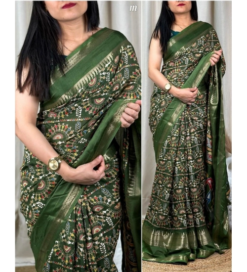 Generic Women's Denting Cotton Printed Saree With Unstitched Blouse 5.5Mtr (Green)