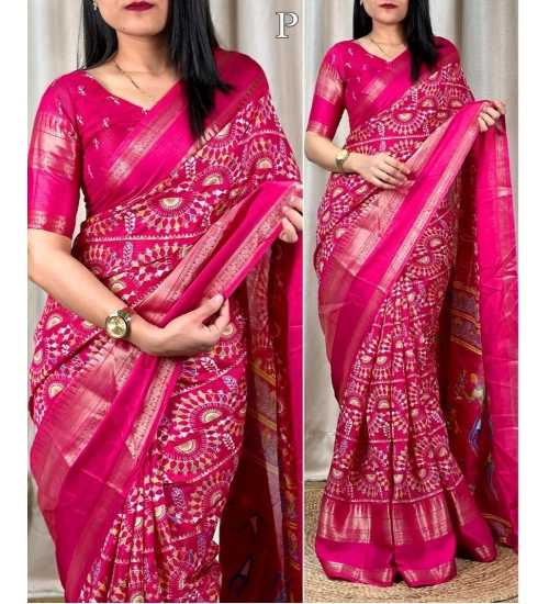 Generic Women's Denting Cotton Printed Saree With Unstitched Blouse 5.5Mtr (Pink)