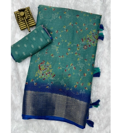 Generic Women's Cotton Zari Printed Saree With Unstitched Blouse 5.5Mtr (Sky Blue)