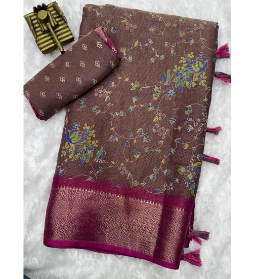 Generic Women's Cotton Zari Printed Saree With Unstitched Blouse 5.5Mtr (Wine)