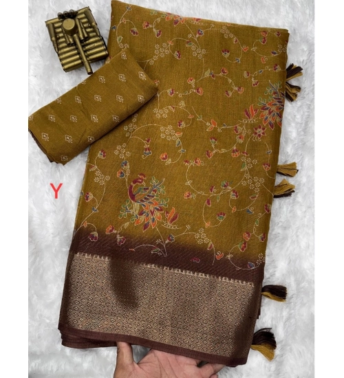 Generic Women's Cotton Zari Printed Saree With Unstitched Blouse 5.5Mtr (Mehendi Green)