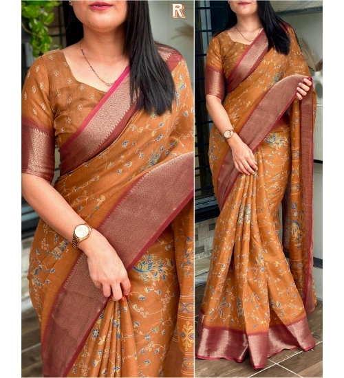 Generic Women's Cotton Zari Printed Saree With Unstitched Blouse 5.5Mtr (Mustard)