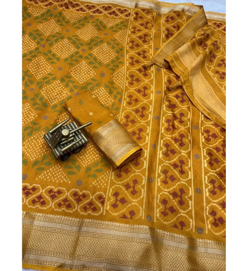 Generic Women's Dola Silk Printed Saree With Unstitched Blouse 5.5Mtr (Yellow)