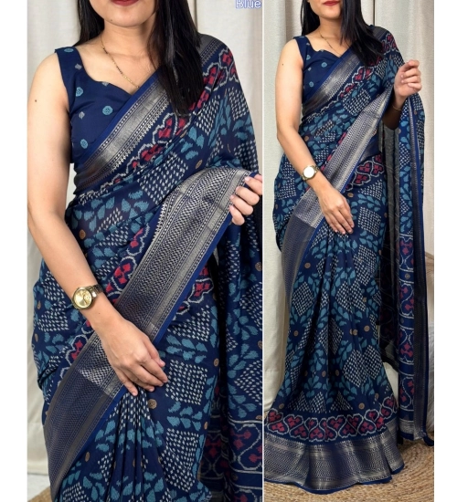 Generic Women's Dola Silk Printed Saree With Unstitched Blouse 5.5Mtr (Blue)