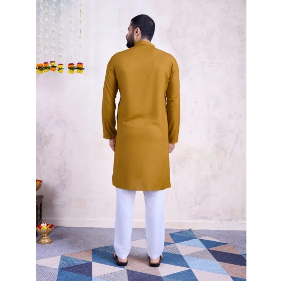 Generic Men's Rayon Mirror Embroidery Mandarin Collar Kurta (Yellow)