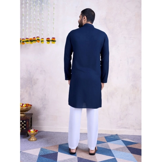 Generic Men's Rayon Mirror Embroidery Mandarin Collar Kurta (Nevy Blue)