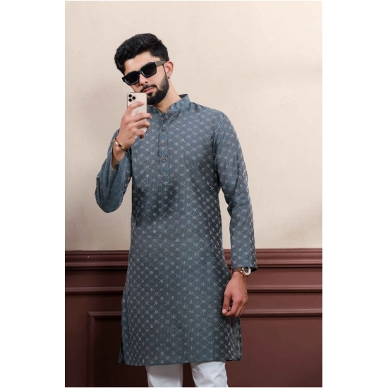 Generic Men's Casual Cotton Printed Full Sleeve Kurta Pyjama Set (Grey)