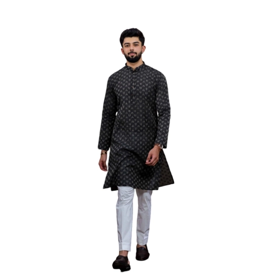 Generic Men's Casual Cotton Printed Full Sleeve Kurta Pyjama Set (Black)