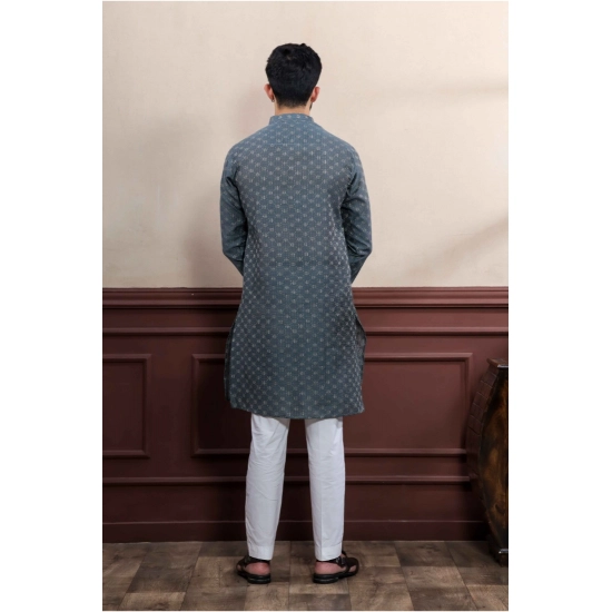 Generic Men's Casual Cotton Printed Full Sleeve Kurta Pyjama Set (Grey)