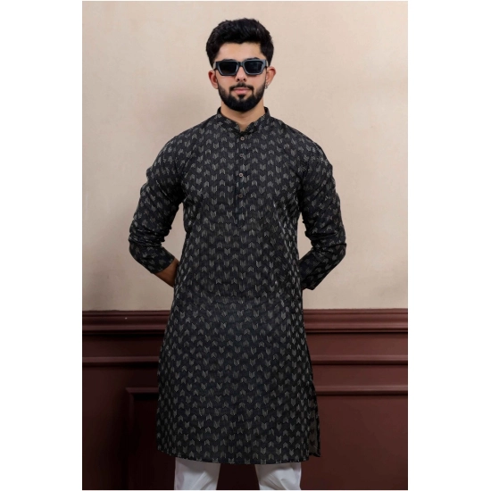 Generic Men's Casual Cotton Printed Full Sleeve Kurta Pyjama Set (Black)