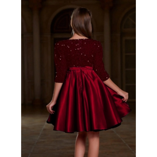 Generic Girl's Rayon Solid Round Neck Western Dress (Maroon)