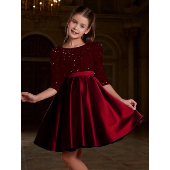 Generic Girl's Rayon Solid Round Neck Western Dress (Maroon)